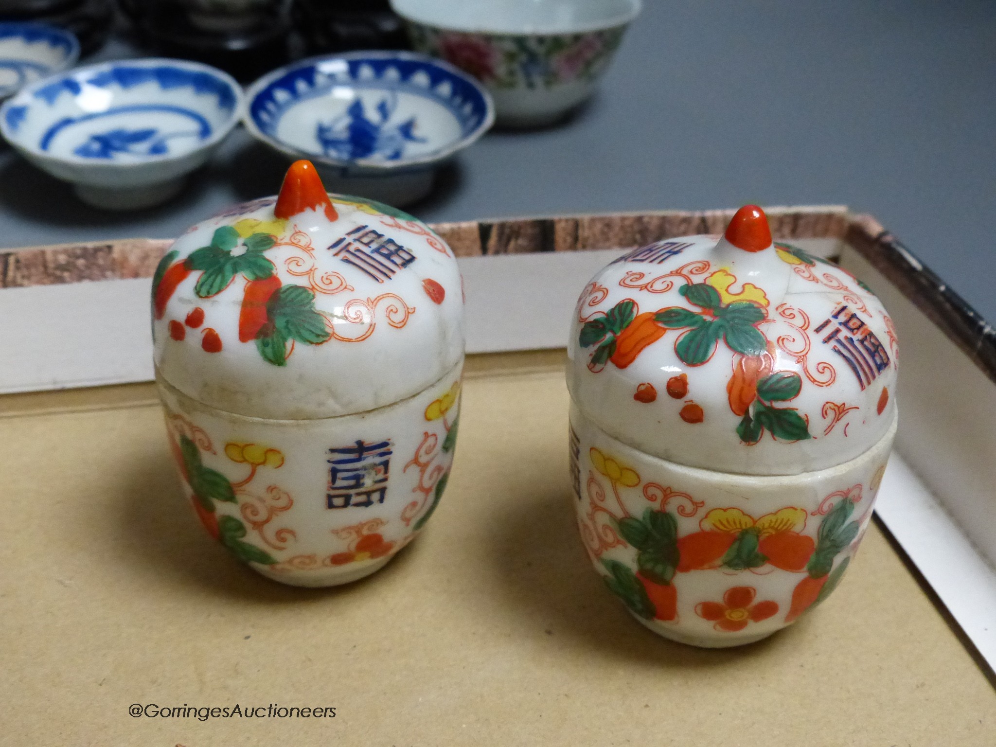 A group of Chinese porcelain tableware including teabowls and three dishes